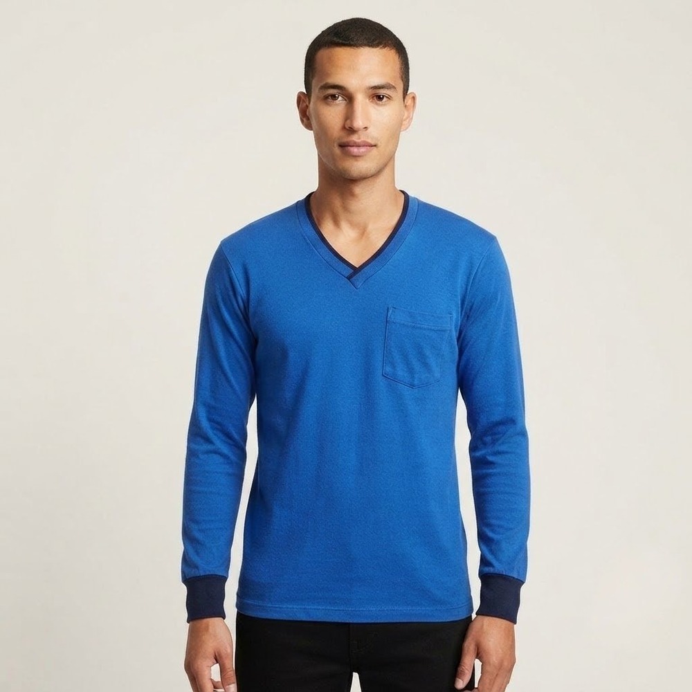 Stanfields V-Neck Pocket Long Sleeve Shirt Mens Small Blue Cotton Blend Casual